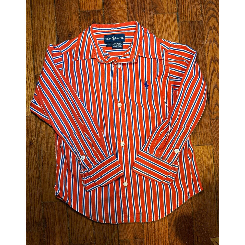 Ralph Lauren Boys 3T Striped Woven Cotton Button-Up Shirt Long Sleeve Logo
